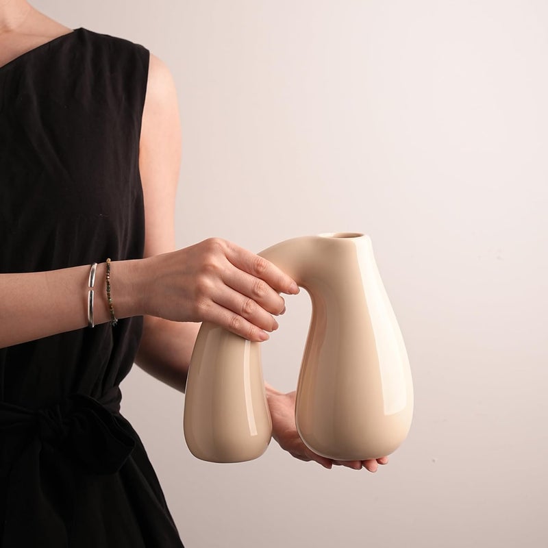 PROBENEX Cream White Ceramic Decorative Pitcher Vase, 7.5 in – Glossy Sculptural Arch-Handle, Modern Home Décor Accent for Fresh or Dried Floral Arrangements, Table/Shelf/Entryway, Giftable - Image 3